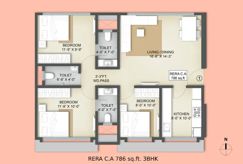RERA C.A 786 sq.ft. 3BHK