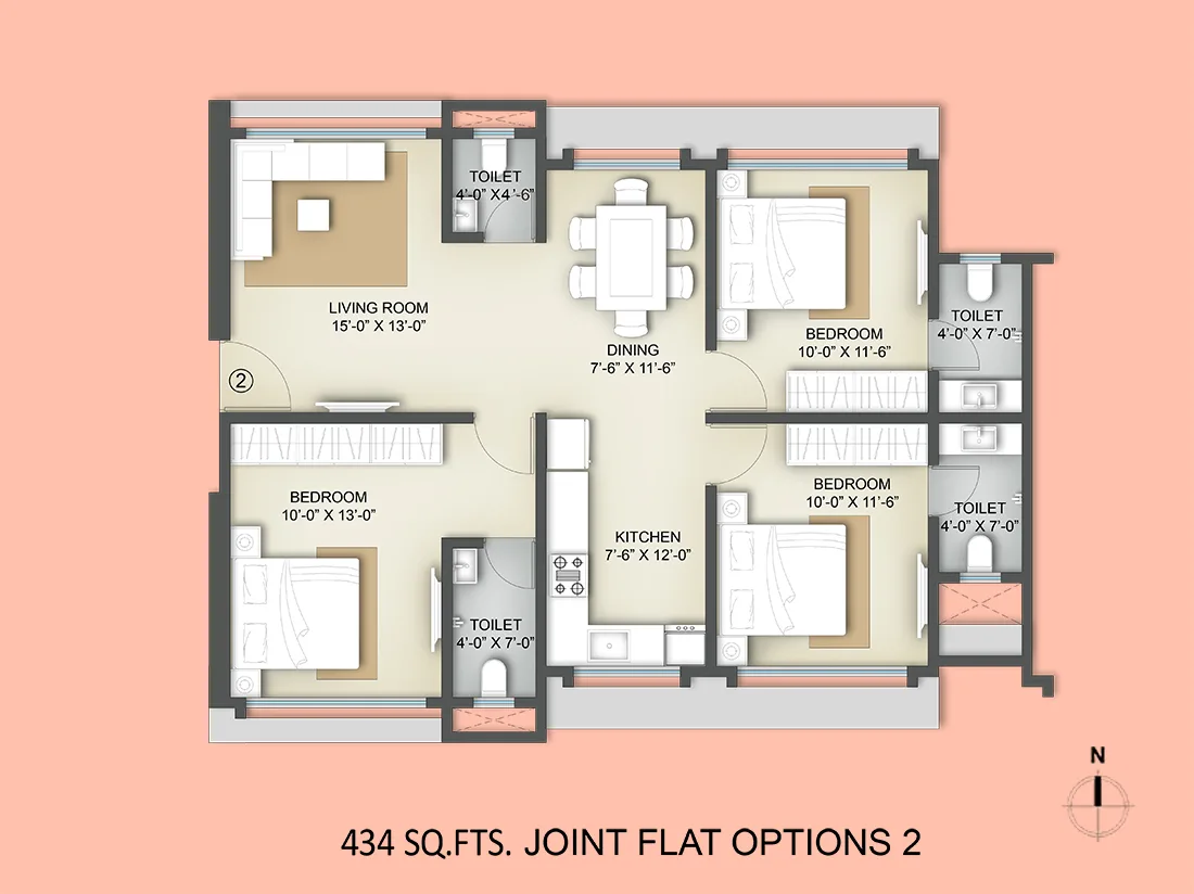 RERA C.A 868(434×2) sq.ft. 3BHK Jodi option 1